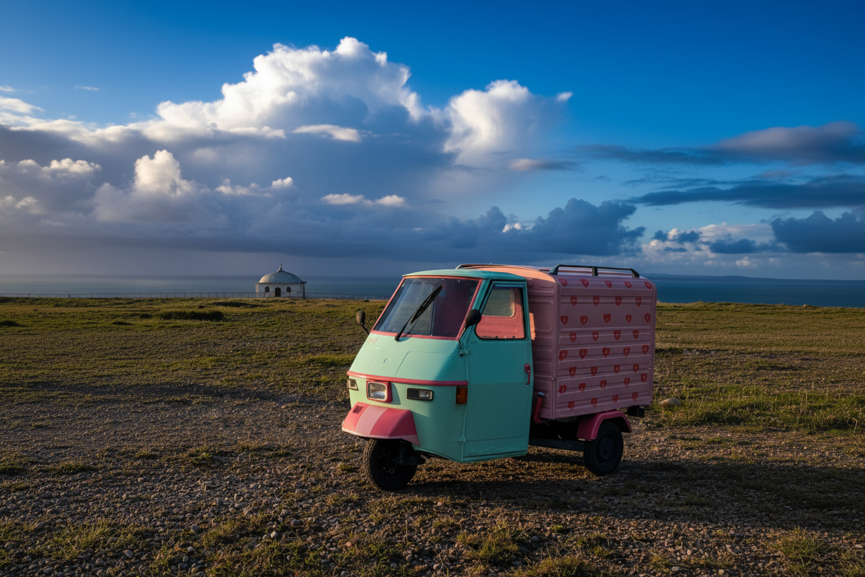 Carrinha colorida em paisagem costeira